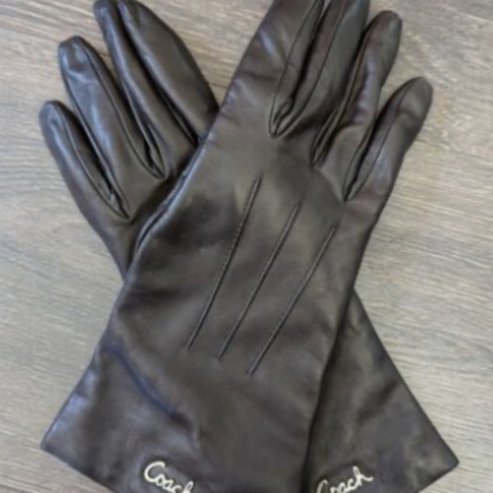 Coach Women’s Cashmere Dark Brown Leather Gloves size 6.5 Like New Condition